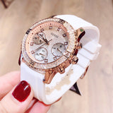 Guess Confetti Crystal Rose Gold Dial White Silicone Strap Watch For Women - W1098L5 Authentic Buy Shop Now