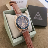 Guess Pinnacle Chronograph Quartz Blue Dial Brown Leather Strap Watch For Women - W0673G3 Authentic Buy Shop Now