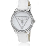 Guess Mini Triangle Quartz Diamonds Silver Dial White Leather Strap Watch For Women - W65006L1 Authentic Buy Shop Now