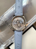 Gucci G Timeless Automatic Mother of Pearl Dial Blue Leather Strap Watch For Women - YA1264113 Authentic Buy Shop Now
