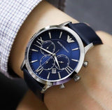Emporio Armani Giovanni T Bar Chronograph Quartz Blue Dial Blue Leather Strap Watch For Men - AR11226 Authentic Buy Shop Now