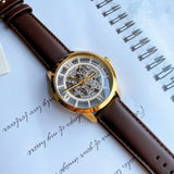 Fossil Townsman Automatic Skeleton Gold Dial Brown Leather Strap Watch for Men - ME3043 Authentic Buy Shop Now