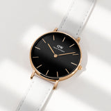 Daniel Wellington Classic Petite Bondi Black Dial White Leather Strap Watch For Women - DW00100283 Authentic Buy Shop Now