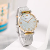 Emporio Armani Gianni T Bar Mother of Pearl Dial Silver Mesh Bracelet Watch For Women - AR2068 Authentic Buy Shop Now