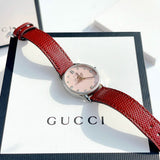 Gucci G Timeless Quartz Diamonds Pink Dial Red Leather Strap Watch For Women - YA1265017 Authentic Buy Shop Now