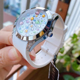 Guess Wanderlust Crystals Silver Dial White Rubber Strap Watch For Women - W1059L3 Authentic Buy Shop Now