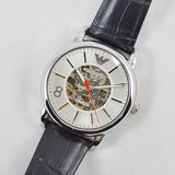Emporio Armani Meccanico Silver Skeleton Dial Black Leather Strap Watch For Men - AR2072 Authentic Buy Shop Now