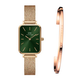 Daniel Wellington Quadro Melrose Green Dial Rose Gold Mesh Strap Watch For Women - DW00100437 Authentic Buy Shop Now