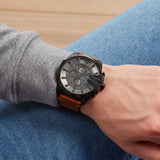 Diesel Mega Chief Chronograph Grey Dial Brown Leather Strap Watch For Men - DZ4463 Authentic Buy Shop Now