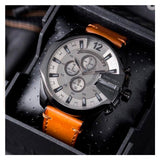 Diesel Mega Chief Chronograph Grey Dial Brown Leather Strap Watch For Men - DZ4463 Authentic Buy Shop Now