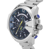 Diesel Mega Chief Chronograph Blue Dial Silver Steel Strap Watch For Men - DZ4465 Authentic Buy Shop Now