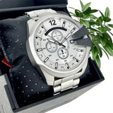 Diesel Mega Chief Chronograph Silver Dial Silver Steel Strap Watch For Men - DZ4501 Authentic Buy Shop Now