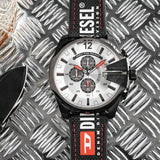 Diesel Mega Chief Chronograph Silver Dial Black Leather Strap Watch For Men - DZ4512 Authentic Buy Shop Now
