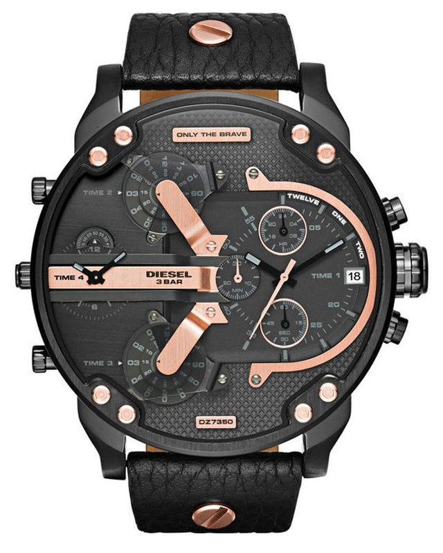 Diesel Mr Daddy 2.0 Chronograph Black Dial Black Leather Strap Watch For Men - DZ7350 Authentic Buy Shop Now
