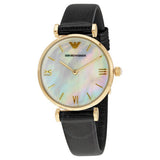 Emporio Armani Gianni T-Bar Quartz Mother of Pearl Dial Black Leather Strap Watch For Women - AR1910 Authentic Buy Shop Now