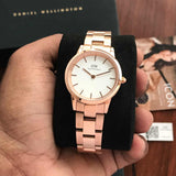Daniel Wellington Iconic Link White Dial Rose Gold Steel Strap Watch For Women - DW00100211 Authentic Buy Shop Now