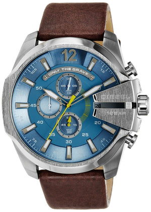 Diesel Mega Chief Chronograph Blue Dial Brown Leather Strap Watch For Men - DZ4281 Authentic Buy Shop Now
