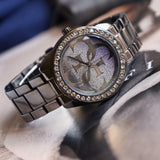 Guess G Twist Diamonds Purple Dial Black Steel Strap Watch For Women - W1201L4 Authentic Buy Shop Now