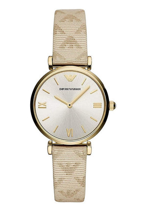 Emporio Armani Gianni T Bar Analog Silver Dial Beige Leather Strap Watch For Women - AR11127 Authentic Buy Shop Now