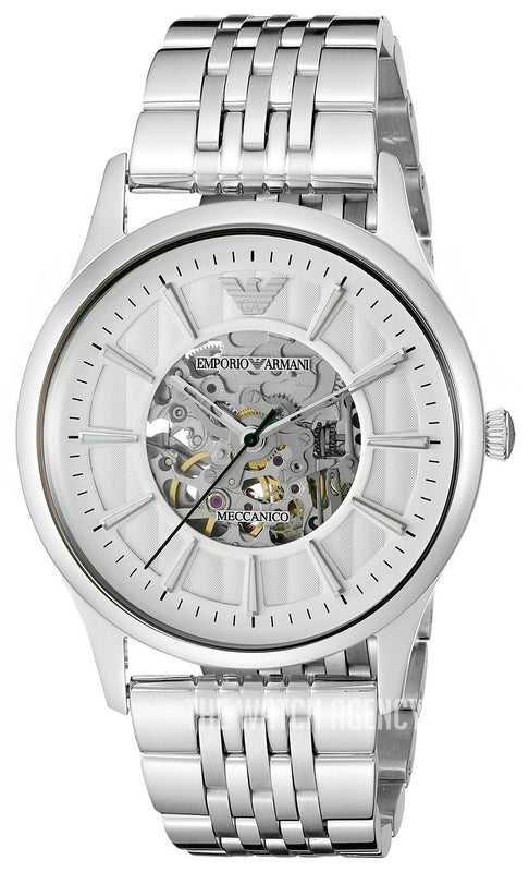 Emporio Armani Meccanico Skeleton Silver Dial Silver Steel Strap Watch For Men - AR1945 Authentic Buy Shop Now