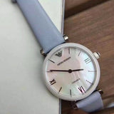 Emporio Armani Gianni T-Bar Mother Of Pearl White Dial Grey Leather Strap Watch For Women - AR11039 Authentic Buy Shop Now
