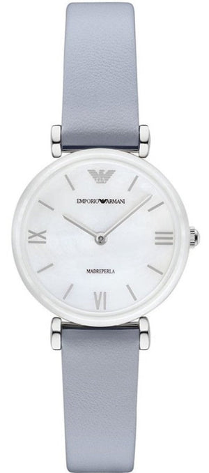 Emporio Armani Gianni T-Bar Mother Of Pearl White Dial Grey Leather Strap Watch For Women - AR11039 Authentic Buy Shop Now