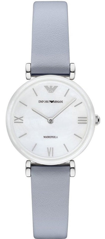 Emporio Armani Gianni T-Bar Mother Of Pearl White Dial Grey Leather Strap Watch For Women - AR11039 Authentic Buy Shop Now
