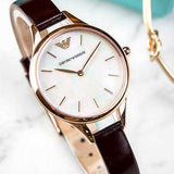 Emporio Armani Aurora Mother of Pearl White Dial Brown Leather Strap Watch For Women - AR11057 Authentic Buy Shop Now
