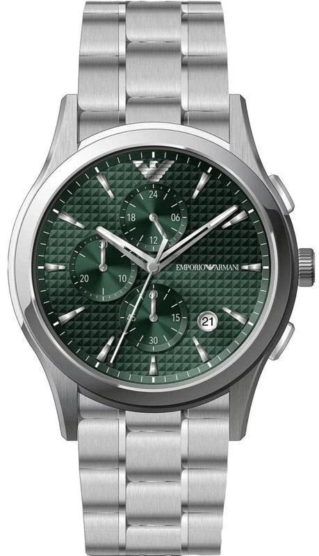 Emporio Armani Paolo Chronograph Green Dial Silver Steel Strap Watch For Men - AR11529 Authentic Buy Shop Now