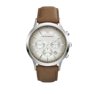 Emporio Armani Classic Chronograph Silver Dial Brown Leather Strap Watch For Men - AR2471 Authentic Buy Shop Now