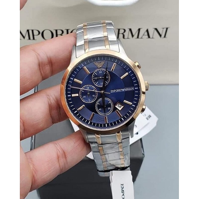 Emporio Armani Renato Chronograph Blue Dial Two Tone Steel Strap Watch For Men - AR80025 Authentic Buy Shop Now