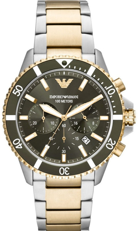 Emporio Armani Diver Chronograph Green Dial Two Tone Steel Strap Watch For Men - AR11361 Authentic Buy Shop Now