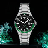 Emporio Armani Sea Explorer GMT Quartz Black Dial Silver Steel Strap Watch For Men - AR11589 Authentic Buy Shop Now