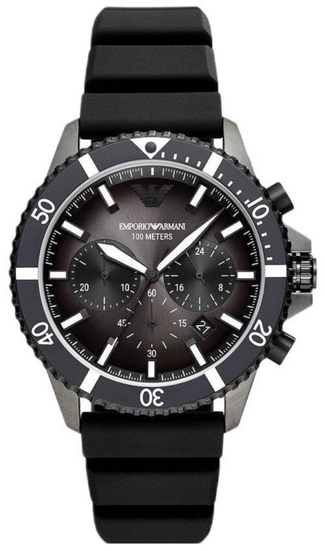 Emporio Armani Diver Chronograph Black Dial Black Silicon Strap Watch For Men - AR11515 Authentic Buy Shop Now