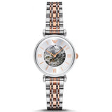 Emporio Armani Gianni T Bar Silver Skeleton Dial Two Tone Strap Watch For Women - AR1992 Authentic Buy Shop Now