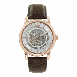 Emporio Armani Meccanico Silver Skeleton Dial Brown Leather Strap Watch For Men - AR1983 Authentic Buy Shop Now