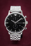 Emporio Armani Chronograph Black Dial Silver Steel Strap Watch For Men - AR0389 Authentic Buy Shop Now