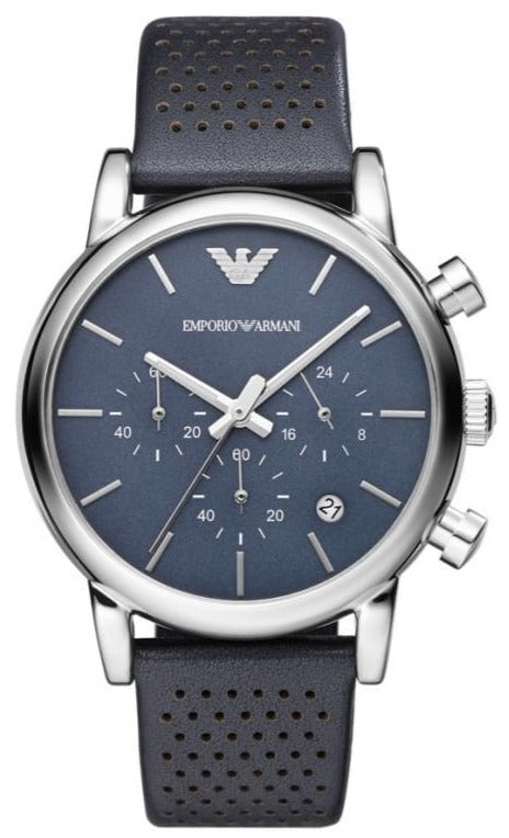 Emporio Armani Luigi Chronograph Blue Dial Black Leather Strap Watch For Men - AR1736 Authentic Buy Shop Now