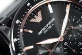 Emporio Armani Mario Ceramic Chronograph Black Dial Black Steel Strap Watch For Men - AR70002 Authentic Buy Shop Now