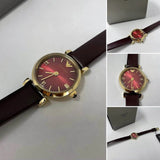 Emporio Armani Gianni T Bar Burgundy Dial Burgundy Leather Strap Watch For Women - AR1758 Authentic Buy Shop Now