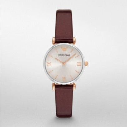 Emporio Armani Gianni T-Bar Quartz Silver Dial Brown Leather Strap Watch For Women - AR11061 Authentic Buy Shop Now