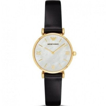 Emporio Armani Gianni T-Bar Quartz Mother of Pearl Dial Black Leather Strap Watch For Women - AR1910 Authentic Buy Shop Now
