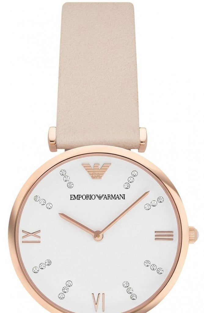 Emporio Armani Gianni T Bar Quartz White Dial Beige Leather Strap Watch For Women - AR1927 Authentic Buy Shop Now