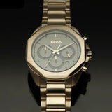 Hugo Boss Classic Chronograph Green Dial Beige Gold Steel Strap Watch For Men - 1514019 Authentic Buy Shop Now