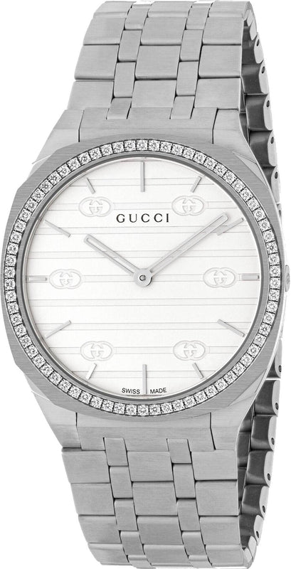 Gucci 25H Quartz Diamonds Silver Dial Silver Steel Strap Watch for Women - YA163401 Authentic Buy Shop Now