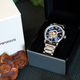 Emporio Armani Luigi Chronograph Skeleton Blue Dial Silver Steel Strap Watch For Men - AR60036 Authentic Buy Shop Now