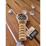 Hugo Boss Globetrotter Chronograph Black Dial Gold Steel Strap Watch for Men - 1513932 Authentic Buy Shop Now