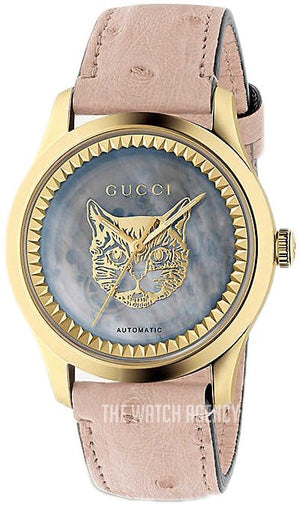 Gucci G Timeless Skeleton 16K Gold Mother of Pearl Dial Pink Leather Strap Watch For Women - YA1264110 Authentic Buy Shop Now