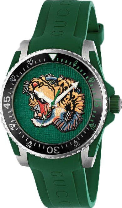 Gucci Dive Tiger Green Dial Green Rubber Strap Watch For Men - YA136316 Authentic Buy Shop Now