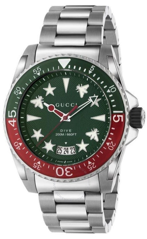 Gucci Dive Quartz Green Dial Silver Steel Strap Watch For Men - YA136222 Authentic Buy Shop Now